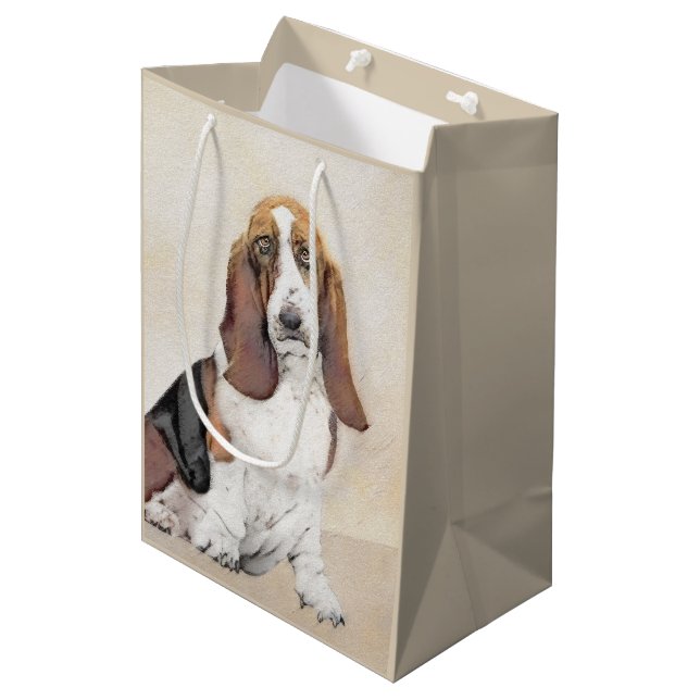 Basset Hound Malerei - Niedliche Original Hunde Ku Mittlere Geschenktüte (Vorderseite Schrägansicht)