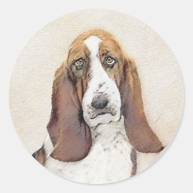 Basset Hound Malerei - Niedliche Original Hunde Ku Runder Aufkleber (Vorderseite)