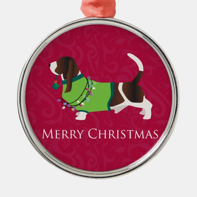 Basset Hound Merry Christmas Design Silbernes Ornament (Vorne)