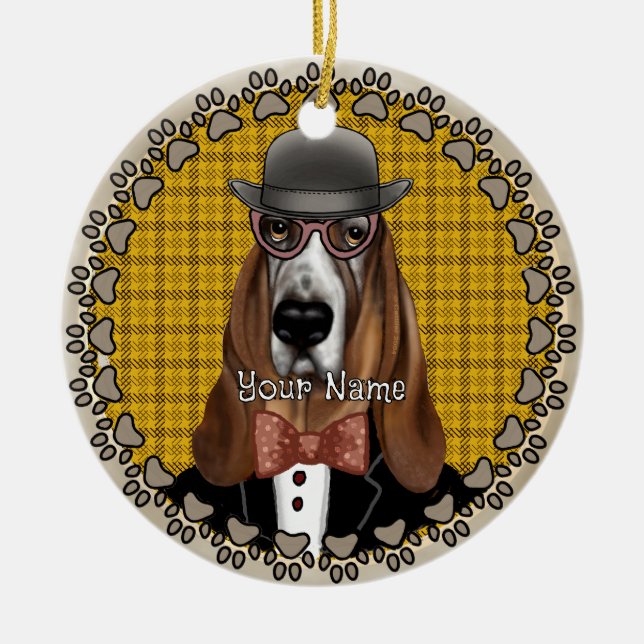 Basset Hound mit Brille Keramik Ornament (Vorne)