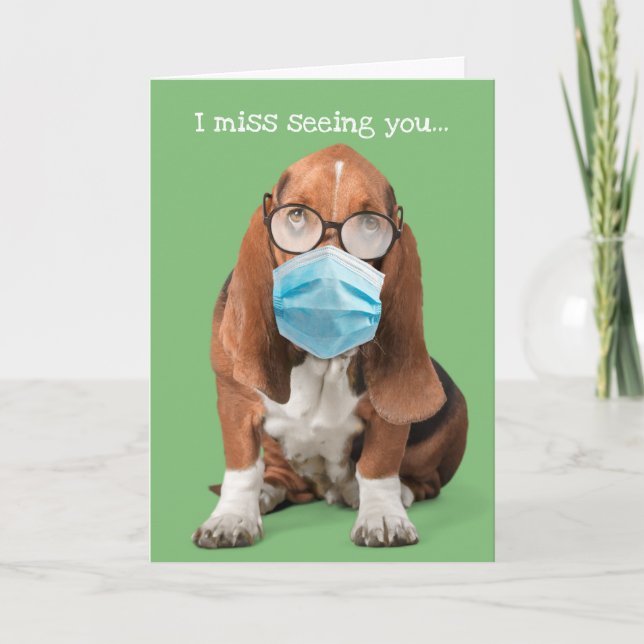 Basset Hound mit Gesichtsmaske und Foggy Brille Karte (Vorderseite)