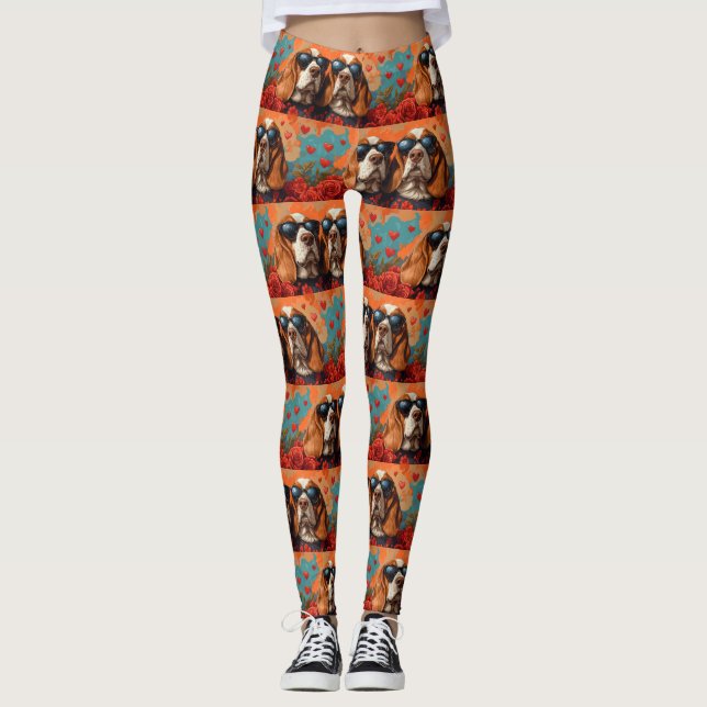Basset Hound mit Herz-Rose Valentinstag Leggings (Vorderseite)