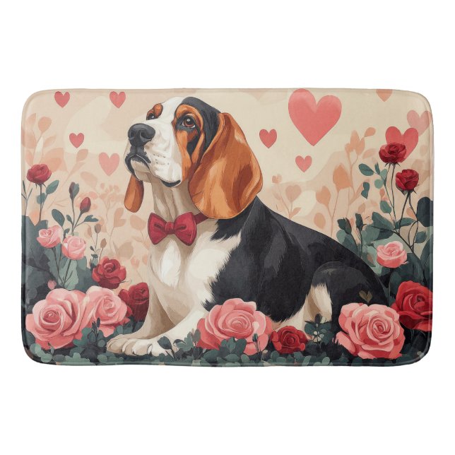 Basset Hound mit Rose - Valentinstag Badematte (Vorderseite)