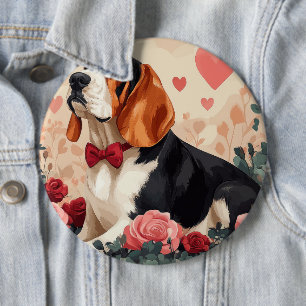 Basset Hound mit Rose - Valentinstag Button