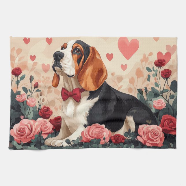 Basset Hound mit Rose - Valentinstag Geschirrtuch (Horizontal)