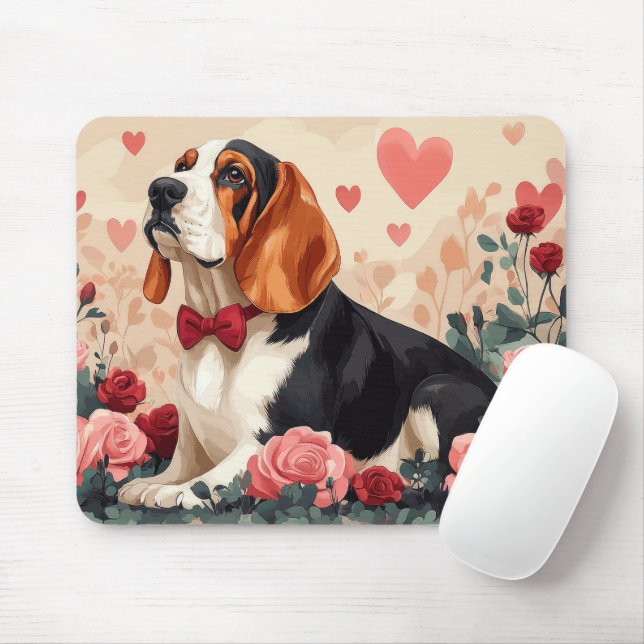 Basset Hound mit Rose - Valentinstag Mousepad (Mit Mouse)