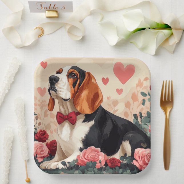 Basset Hound mit Rose - Valentinstag Pappteller (Hochzeit)