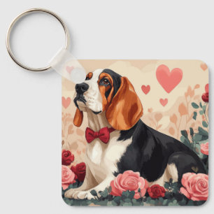 Basset Hound mit Rose - Valentinstag Schlüsselanhänger