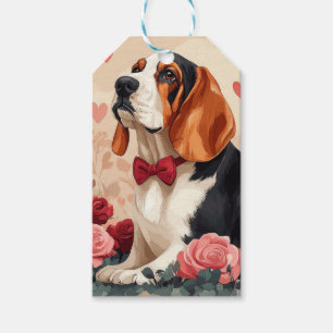 Basset Hound mit Rosen - Valentinstag Geschenkanhänger