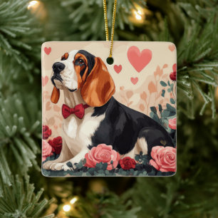Basset Hound mit Rosen - Valentinstag Keramikornament