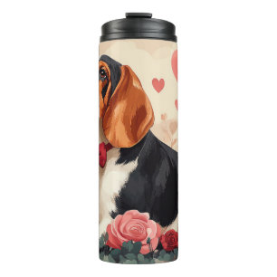 Basset Hound mit Rosen - Valentinstag Thermosbecher