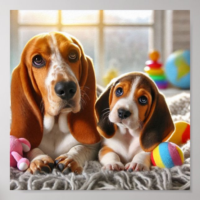 Basset Hound Mom und ihr Welpen Poster (Vorne)
