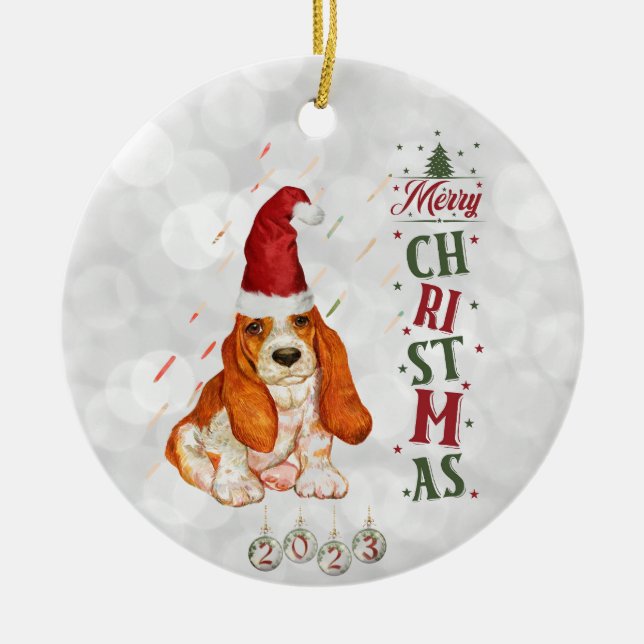 Basset Hound Niedlicher Hund Weihnachten 2023 Keramik Ornament (Vorne)