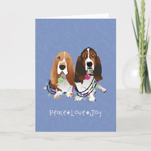 Basset Hound Peace Love Joy Christmas Design Feiertagskarte (Vorderseite)