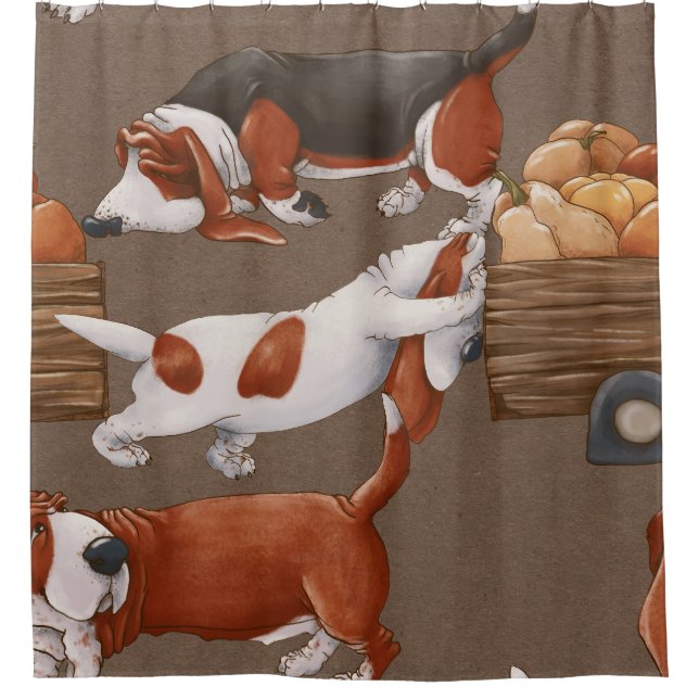 Basset Hound Pumpkin Harvest Pattern Duschvorhang (Vorderseite)