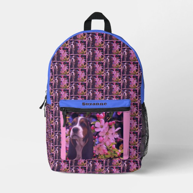 Basset Hound Puppy-Blume Personalisiert Bedruckter Rucksack (Vorderseite)