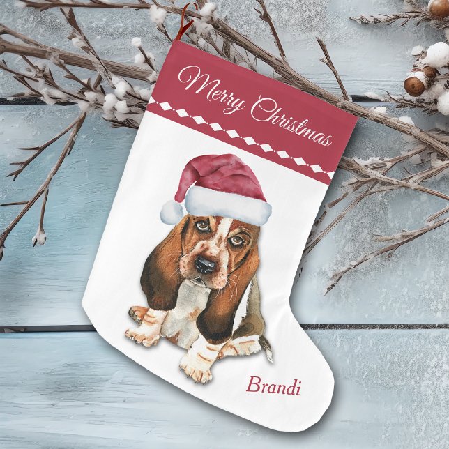 Basset Hound Puppy Snowflake Muster Großer Weihnachtsstrumpf (Von Creator hochgeladen)