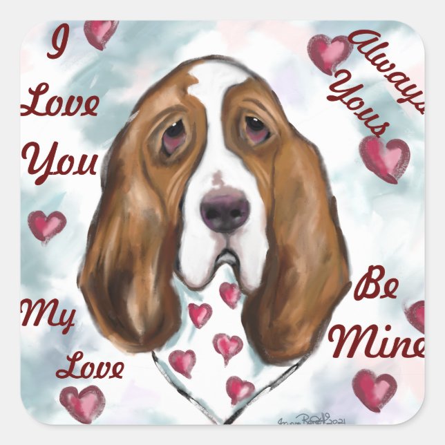 BASSET HOUND QUADRATISCHER AUFKLEBER (Vorderseite)