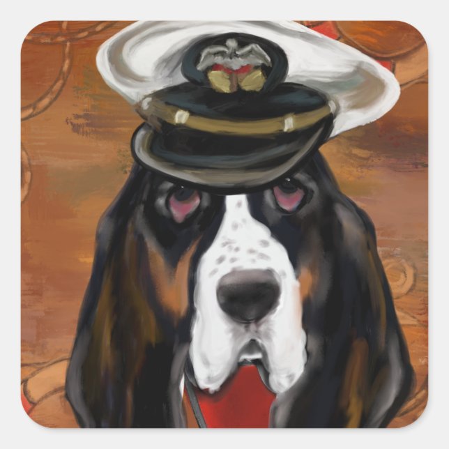 BASSET HOUND QUADRATISCHER AUFKLEBER (Vorderseite)