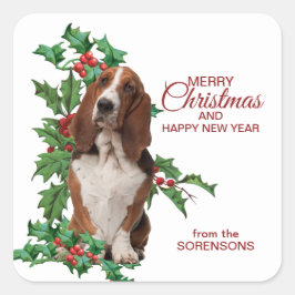 Basset Hound Red Berry Holly Weihnachten Quadratischer Aufkleber