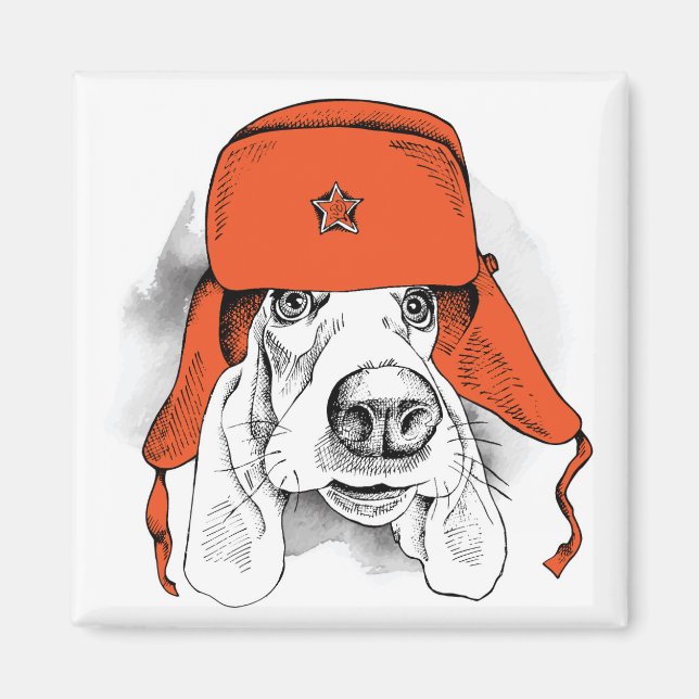 Basset Hound | Red Ushanka Hat Magnet (Vorne)