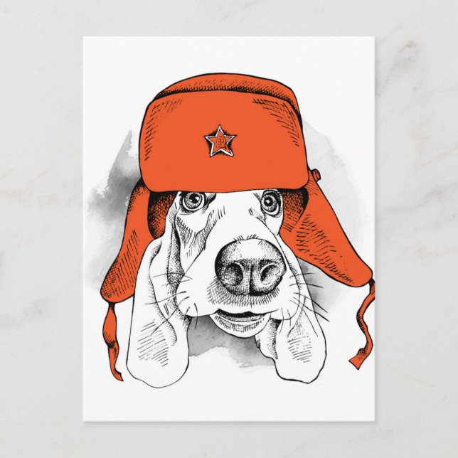 Basset Hound | Red Ushanka Hat Postkarte (Vorderseite)