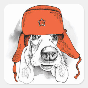 Basset Hound   Red Ushanka Hat Quadratischer Aufkleber