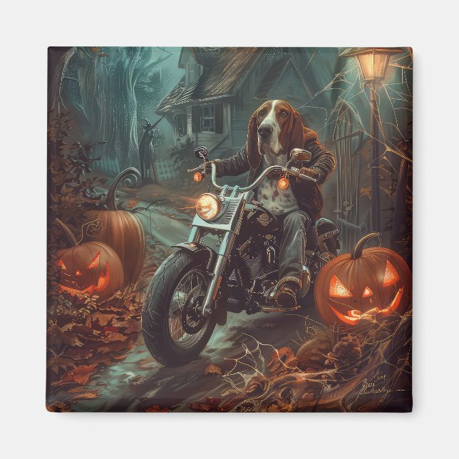 Basset Hound Riding Motorrad Halloween Beängstigen Magnet (Vorne)