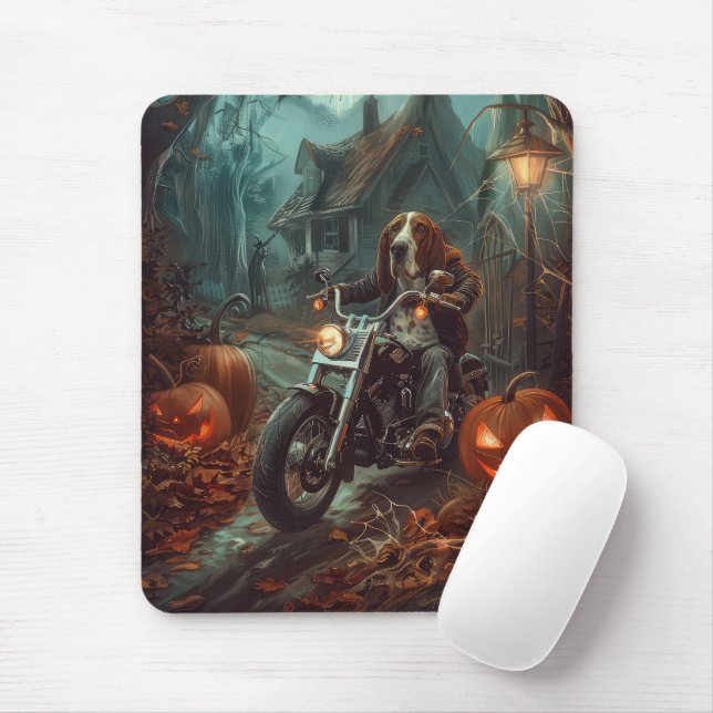 Basset Hound Riding Motorrad Halloween Beängstigen Mousepad (Mit Mouse)