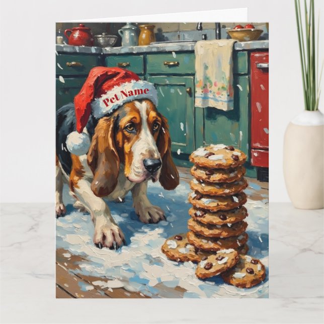 Basset Hound Sniffing Christmas Cookie Trail Hat Karte (Vorderseite)