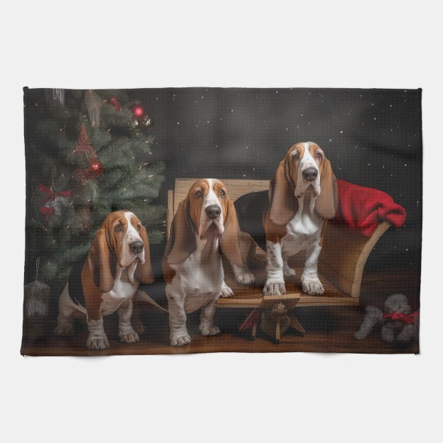Basset Hound Snowy Sleigh Weihnachtsdekor Geschirrtuch (Horizontal)