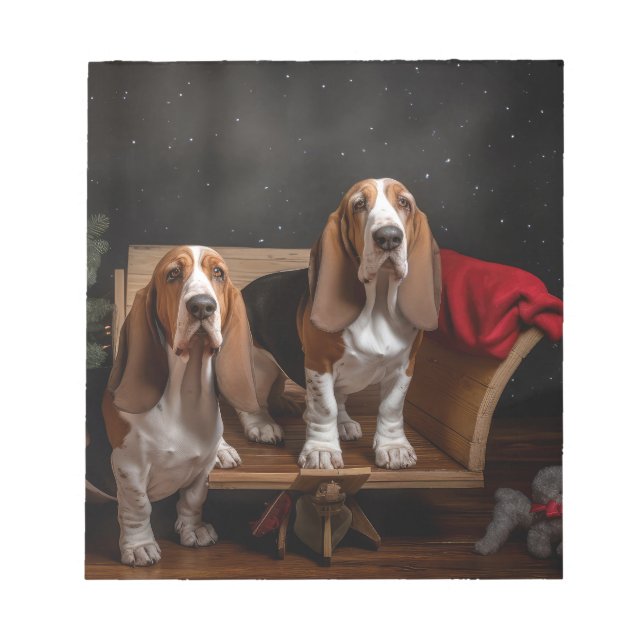 Basset Hound Snowy Sleigh Weihnachtsdekor Notizblock (Vorderseite)
