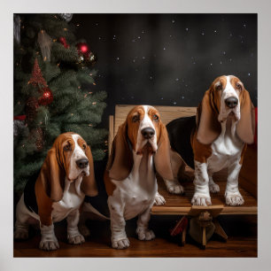 Basset Hound Snowy Sleigh Weihnachtsdekor Poster