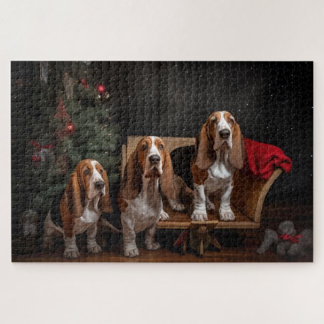 Basset Hound Snowy Sleigh Weihnachtsdekor Puzzle (Horizontal)