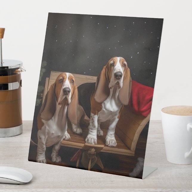 Basset Hound Snowy Sleigh Weihnachtsdekor Sockelschild (In Situ)