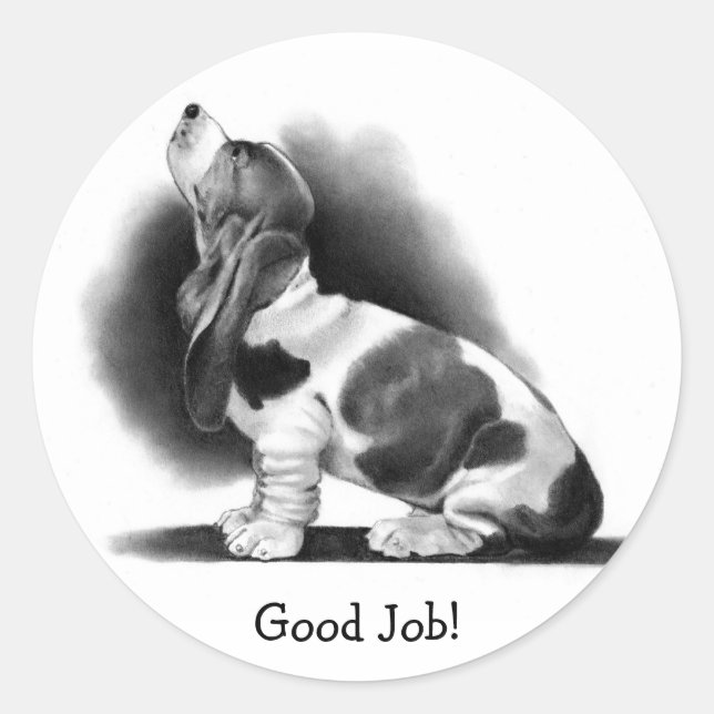 BASSET HOUND STICKER: Gute Arbeit! PENCIL ART Runder Aufkleber (Vorderseite)