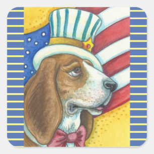 BASSET HOUND UNCLE SAM, HUND STICKERS Squ. * Blatt