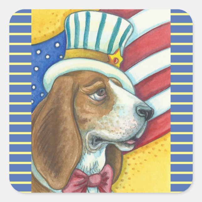 BASSET HOUND UNCLE SAM, HUND STICKERS Squ. * Blatt (Vorderseite)