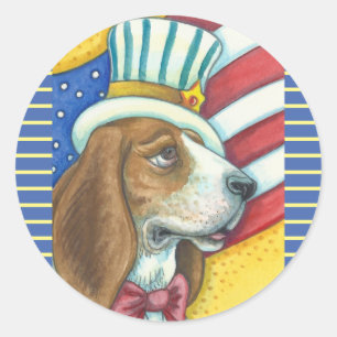 BASSET HOUND UNCLE SAM, HUNDERSTECKER Rnd. * Blatt Runder Aufkleber