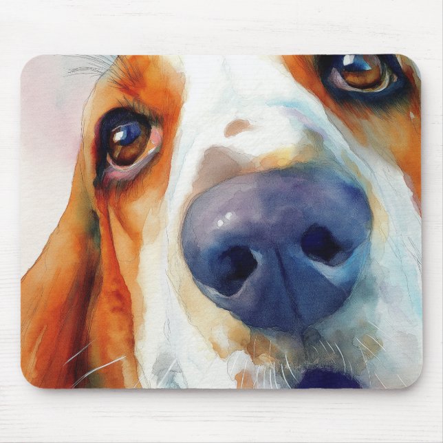 Basset Hound Wasserfarbenporträt Mousepad (Vorne)