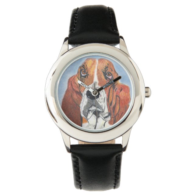 Basset Hound Watson als handgezeichnete Schöpfung Armbanduhr (Vorderseite)