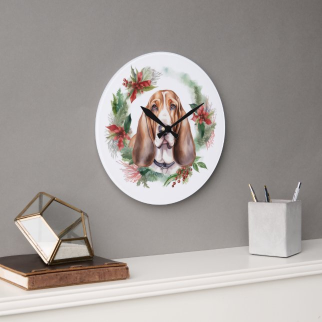 Basset Hound Weihnachtsfeiertag Festliche Jungfrau Große Wanduhr (Büro)