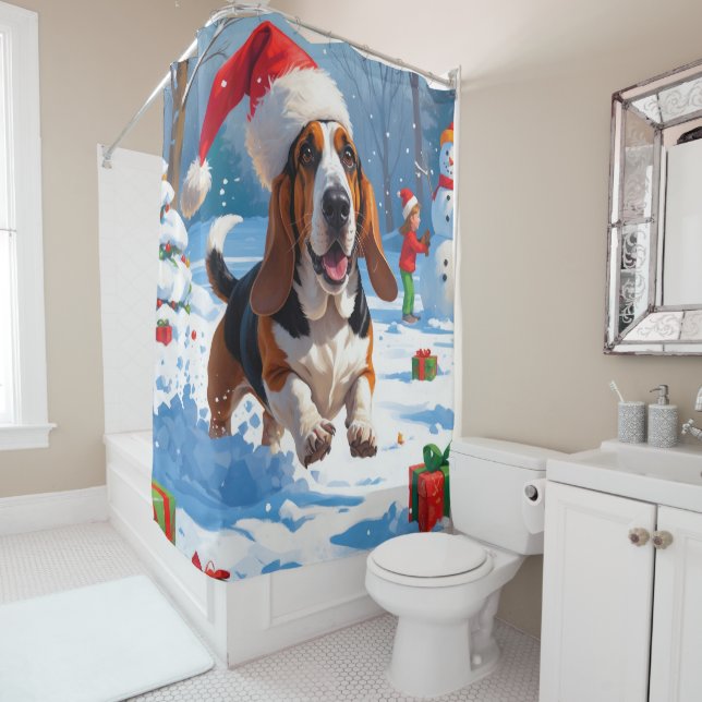 Basset Hound Weihnachtsfest Schneeszene Duschvorhang (Beispiel)