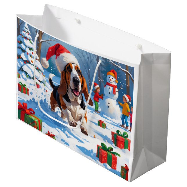 Basset Hound Weihnachtsfest Schneeszene Große Geschenktüte (Vorderseite Schrägansicht)