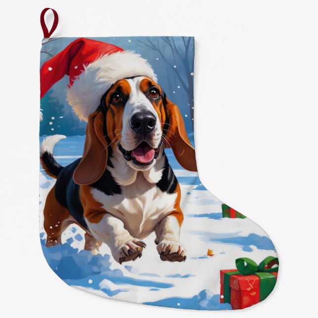 Basset Hound Weihnachtsfest Schneeszene Großer Weihnachtsstrumpf (Vorderseite)