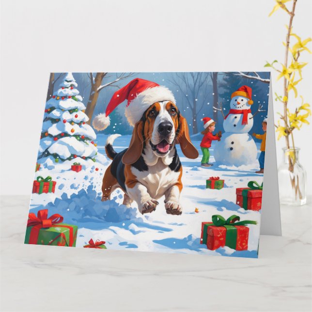 Basset Hound Weihnachtsfest Schneeszene Karte (Gelbe Blume)