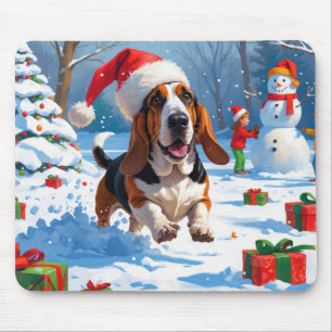 Basset Hound Weihnachtsfest Schneeszene Mousepad