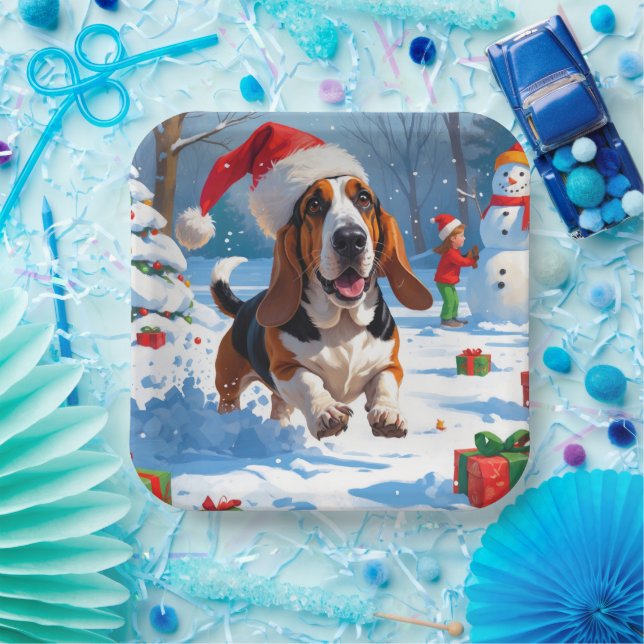 Basset Hound Weihnachtsfest Schneeszene Pappteller (Party)