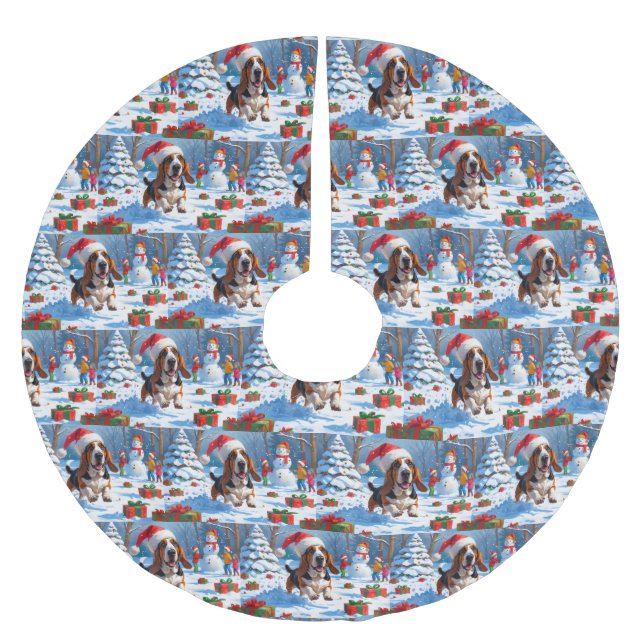 Basset Hound Weihnachtsfest Schneeszene Polyester Weihnachtsbaumdecke (Vorderseite)