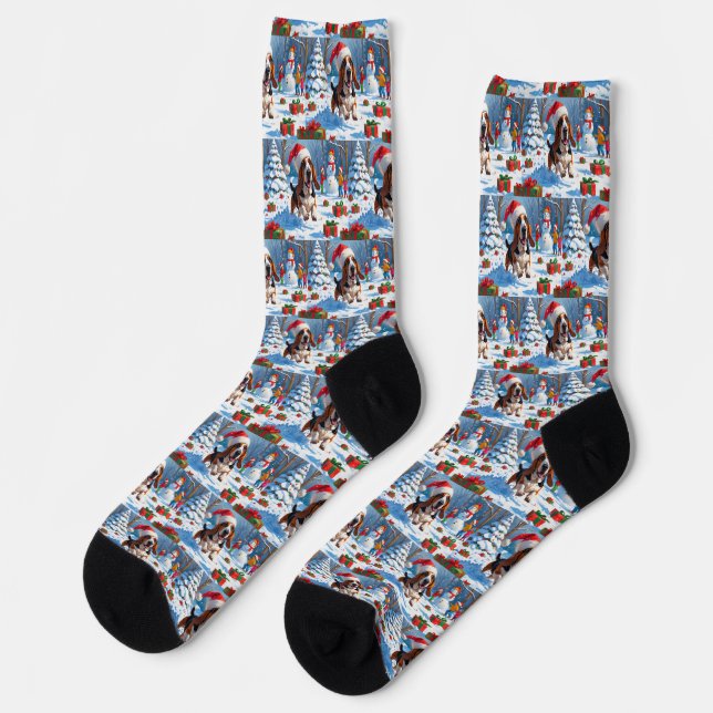 Basset Hound Weihnachtsfest Schneeszene Socken (Linkes Detail)